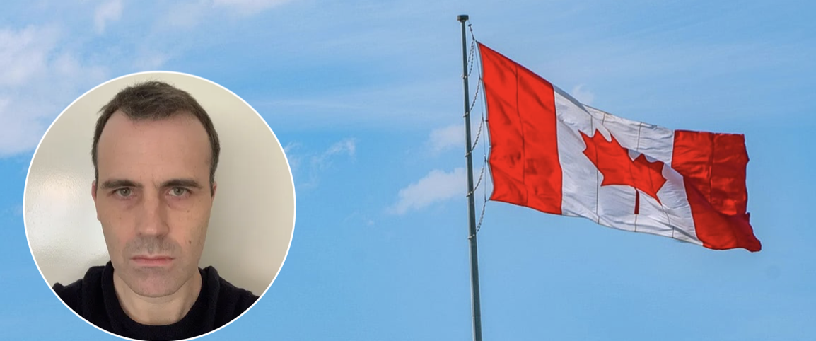 Jonathan Leggett superimposed with blue background and a Canadian flag to the right
