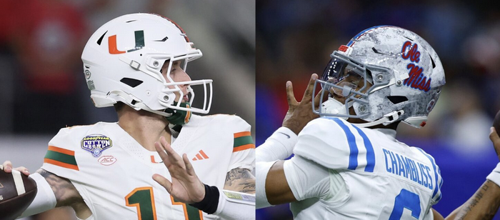 Trinidad Chambliss and Carson Beck pictured side by side