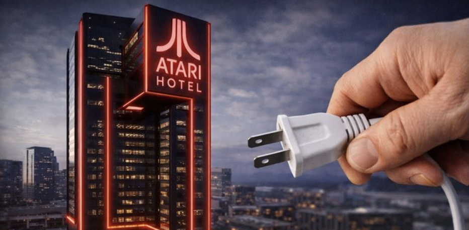 Rendering of an Atari Hotel with plug being pulled 