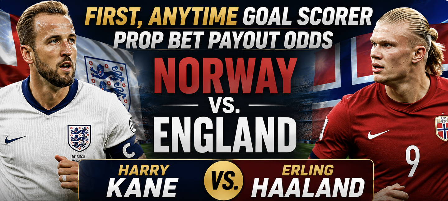 First, Anytime Goal Scorer Prop Bet Payout Odds - Norway vs. England: Harry Kane vs. Erling Haaland