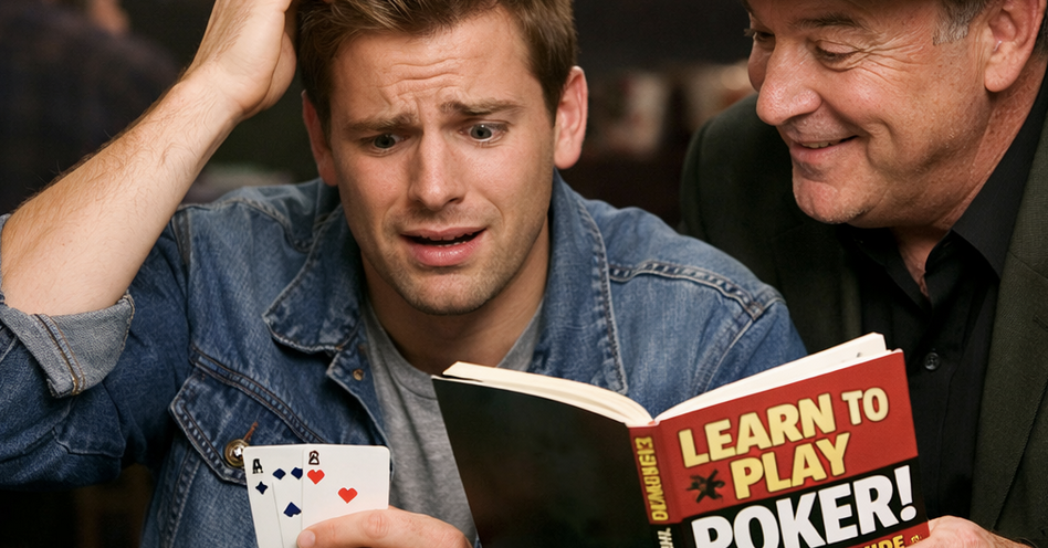 Man learning how to play poker with book and assistant 