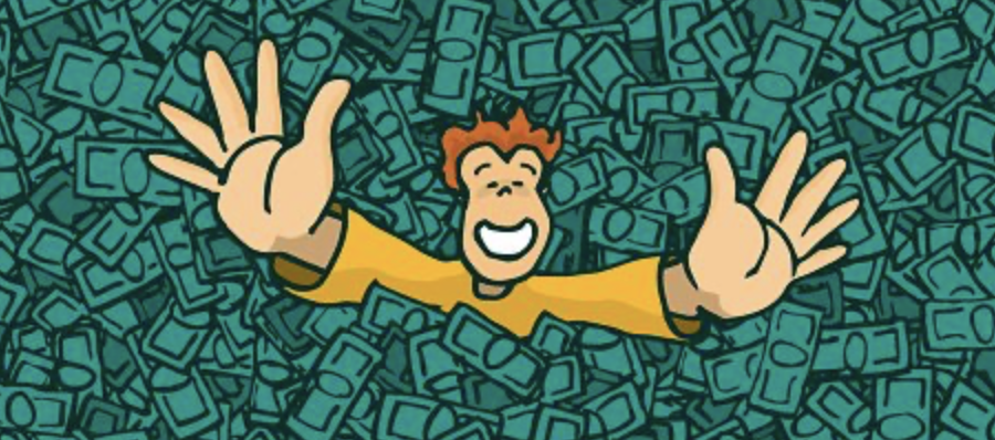 man swimming in money