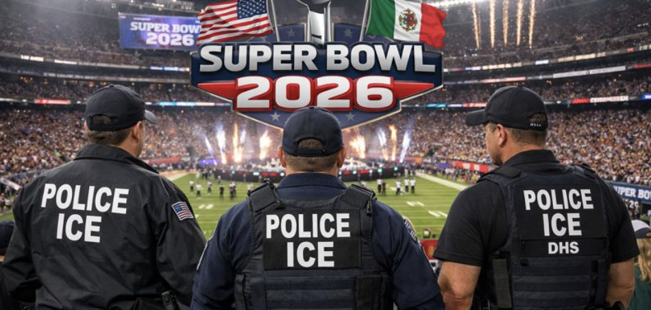Super Bowl with ICE agents standing in front