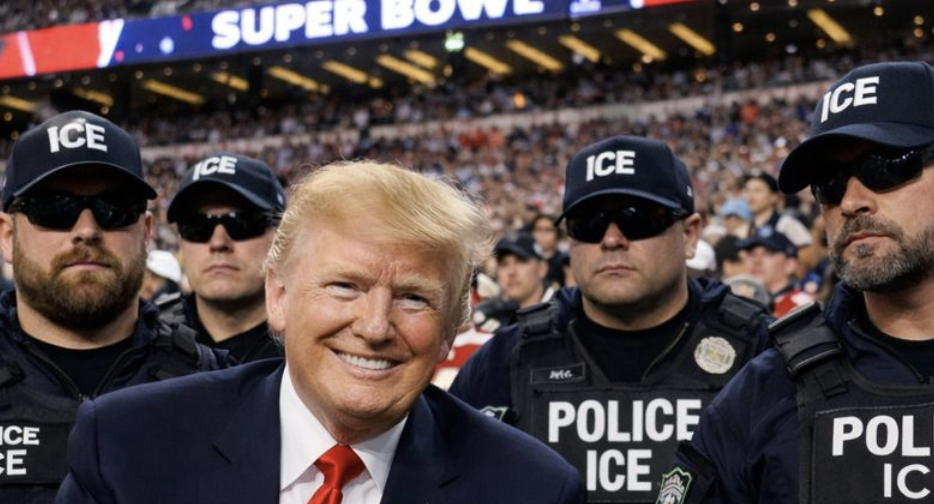 Trump flanked by ICE agents at Super Bowl creative only (not real)