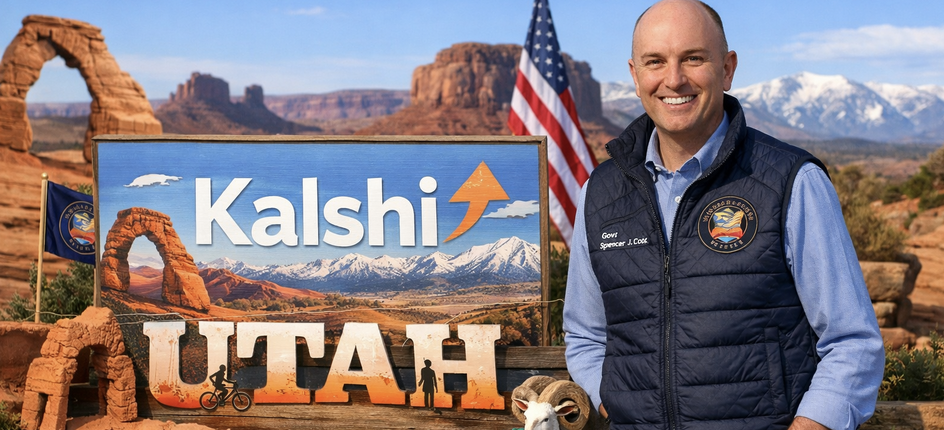 Kalshi sign with Utah backdrop and Governor Spencer Cox