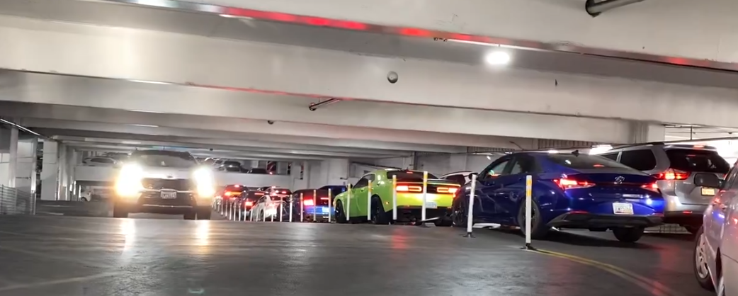 line of cars trying to get out of the Venetian parking garage.