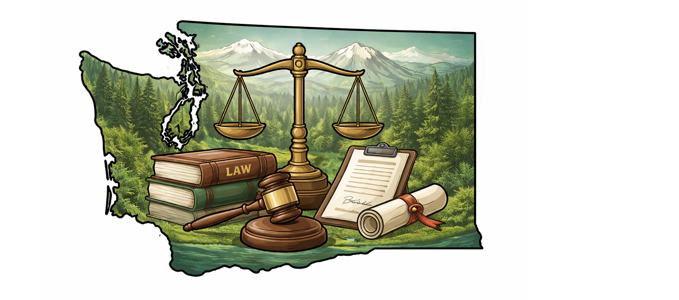 Washington State map with a legal theme