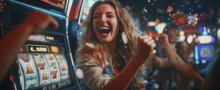 Woman celebrates by slot machines