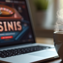 Laptop in front of a cup of coffee