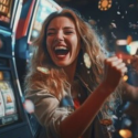 Woman celebrates by slot machines