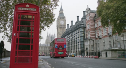 UK street with phone booth and Big Ben in background 