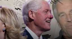 Jeff Epstein in backdrop of Bill and Hillary Clinton