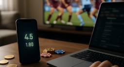 Laptop and smartphone with soccer game on TV in background