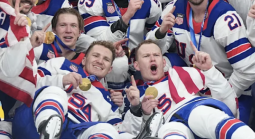 USA Olympic hockey team celebrates big win