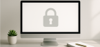 Lock icon on a laptop that is sitting on desk with plant in front as well as pad and pen