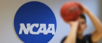 NCAA logo with person shooting a basketball 
