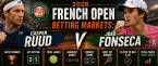 2026 French Open Betting Markets, Payout Odds: Casper Ruud v Joao Fonseca